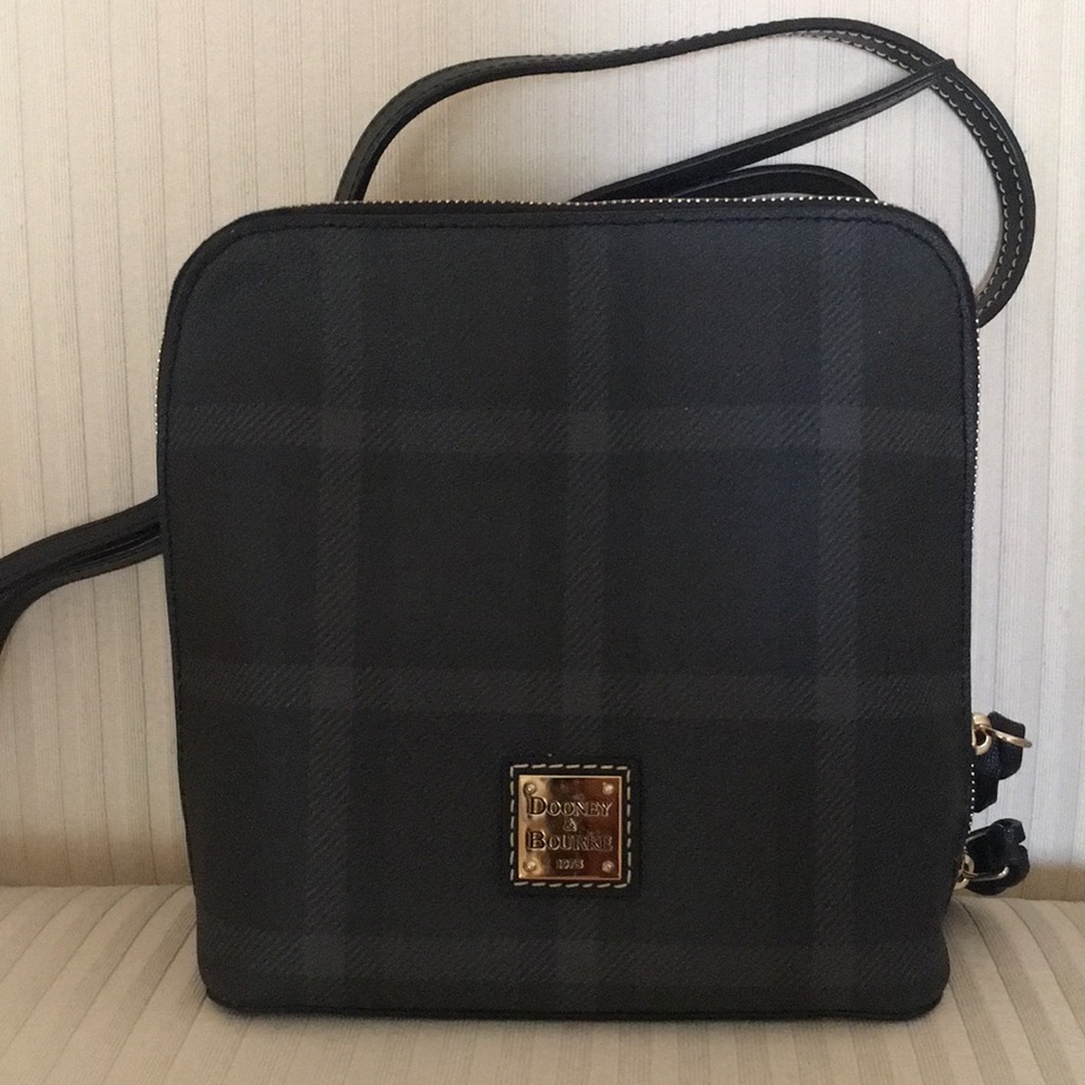 Dooney & Bourke gray plaid crossbody bag with gold wrap around zipper
